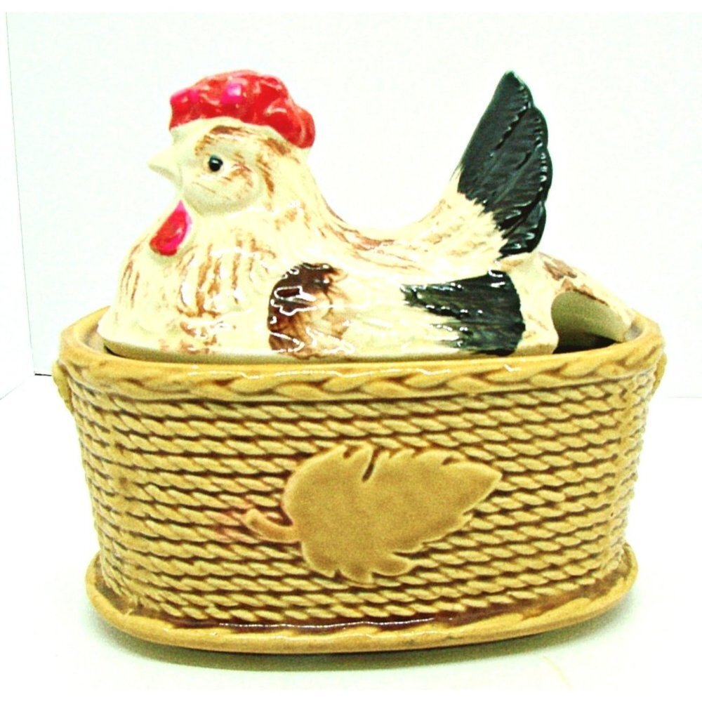 Vintage Ceramic Hen Chicken Basket Lid Sugar Bowl